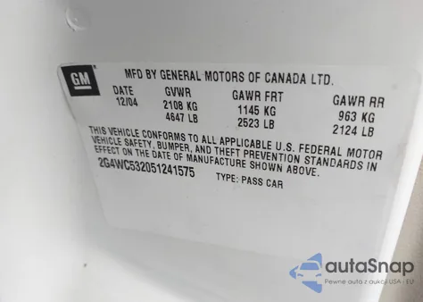 2005 Buick Lacrosse Cx z USA, uszkodzony, nr VIN 2G4WC532051241575